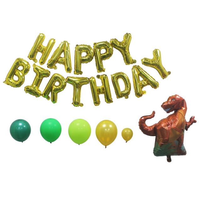 Kit arche &agrave; ballons alu et latex x73 Happy Birthday dinosaure tons verts