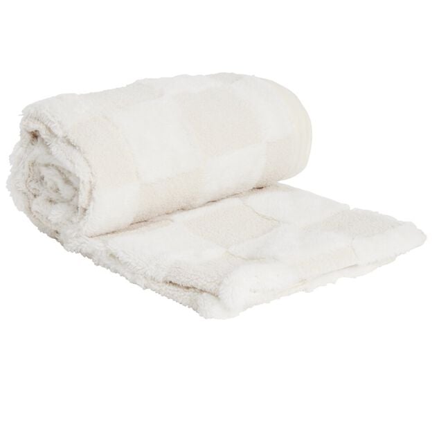 Plaid Teddy fourrure beige et blanc 130x190cm (2 mod&egrave;les damier ou rayures)