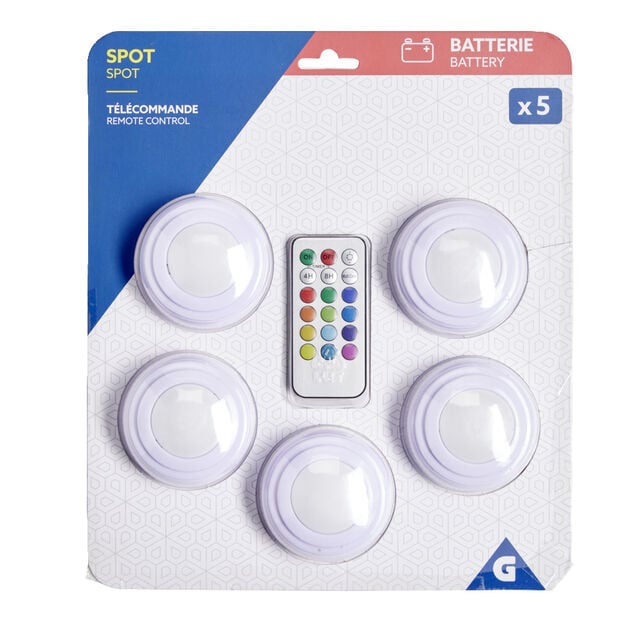 Spot LED x5 RGB avec t&eacute;l&eacute;commande &Oslash;6,8cm