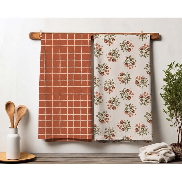 Torchon x2 coton floral et carreaux orange 45x65cm
