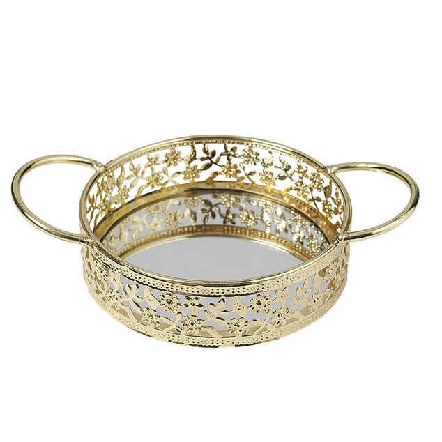 Plateau d&eacute;co dor&eacute;e fond en verre avec poign&eacute;es