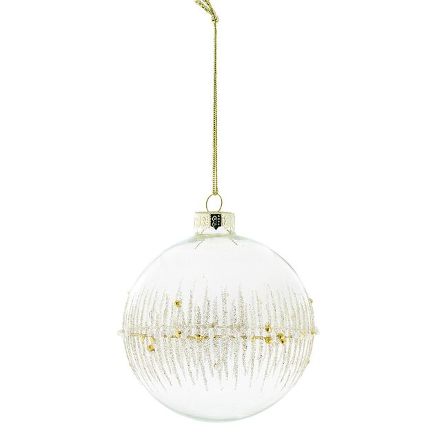 Boule de No&euml;l en verre transparent perle et ligne dor&eacute;e et blanche