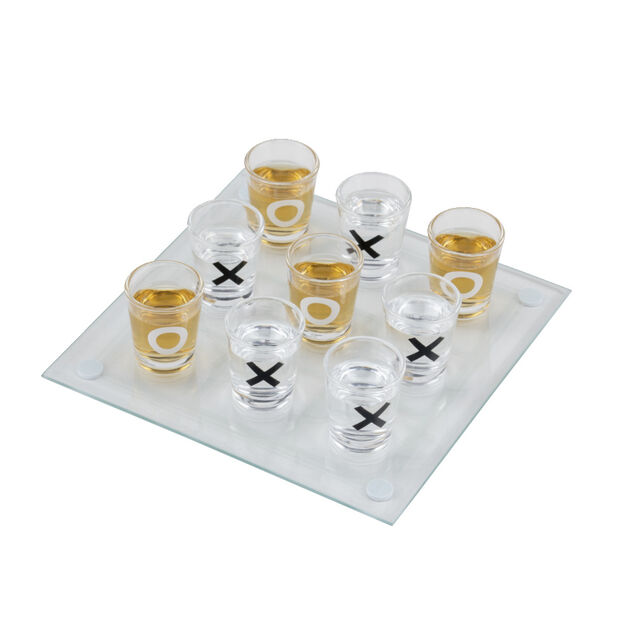Jeu de morpion &agrave; boire avec shooters et plateau en verre 20x20cm