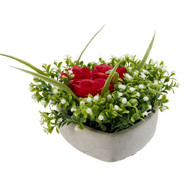 Composition fleur artificielle rose rouge pot ciment forme coeur