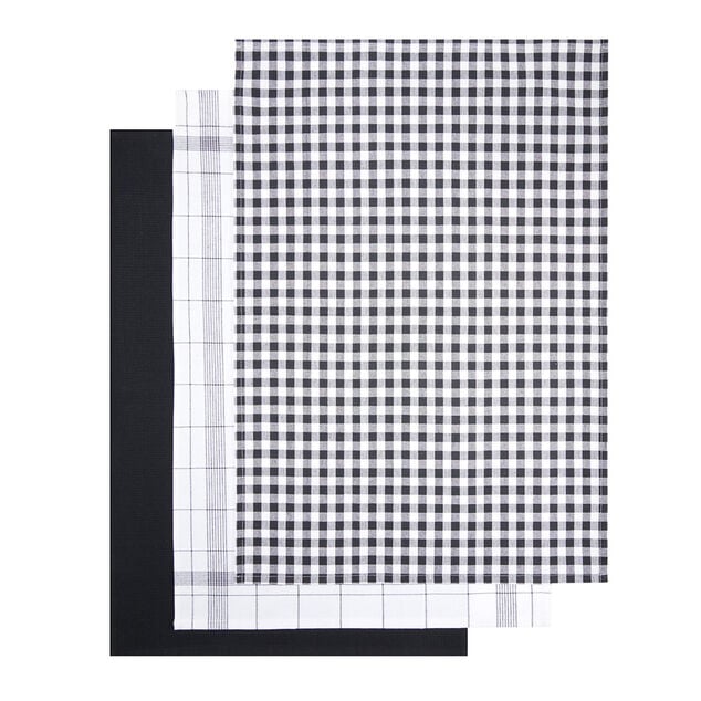 Lot de 3 torchons rectangulaires 50x70cm 100% coton blanc et noir