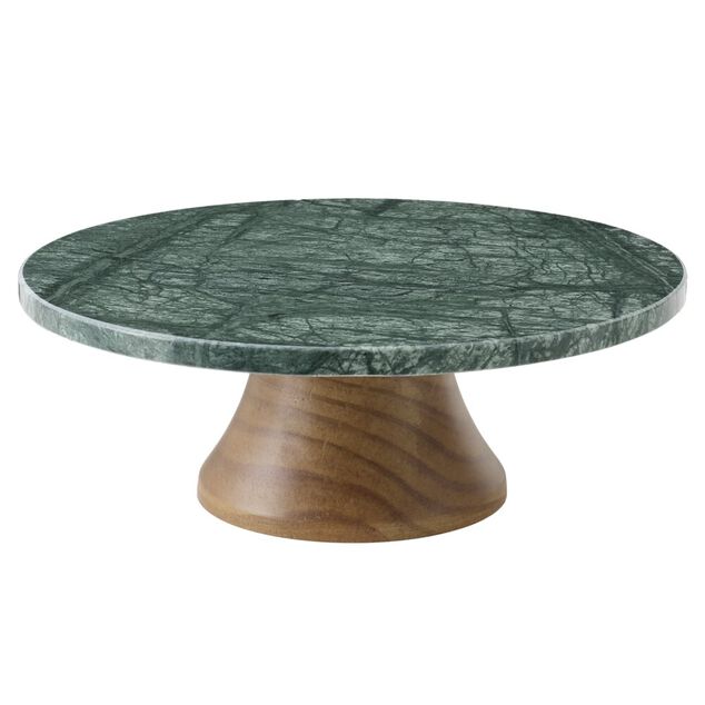 Plateau de pr&eacute;sentation en marbre vert et m&eacute;tal effet bois &Oslash;25cm