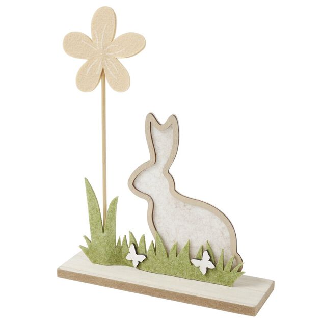 D&eacute;coration &agrave; poser lapin en bois et fleur L19,5xH24,5cm