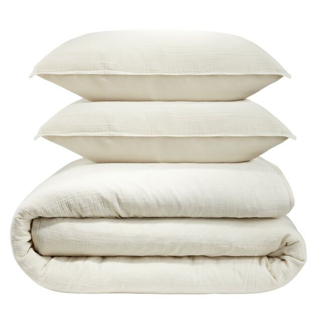 Parure de lit 220x240cm 2 personnes gaze de coton beige 3 pi&egrave;ces