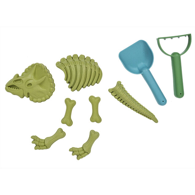 Moule dinosaure vert avec pelle et rateau 9 pièces