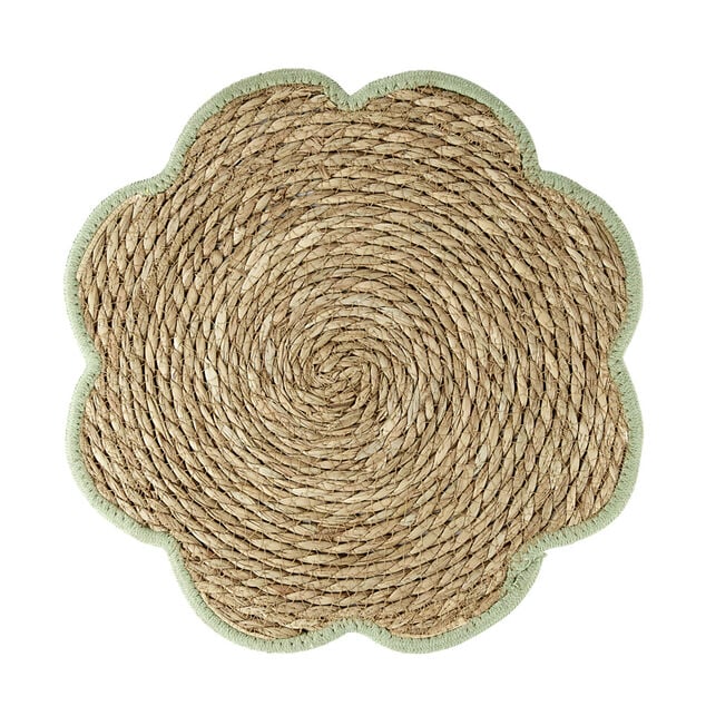Set de table jonc de mer tressé et coton forme fleur contour vert Ø38cm