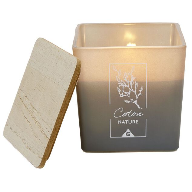 Bougie dans pot carré avec couvercle bois senteur coton