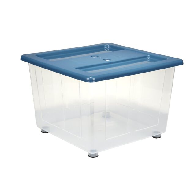Box de rangement 30L x3 plastique transprent avec roulettes et couvercle gris et bleu