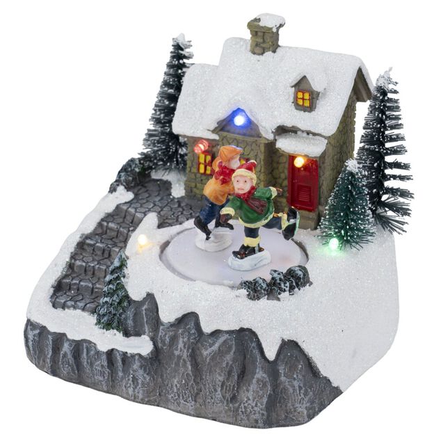Village de No&euml;l anim&eacute; LED sc&egrave;ne patinoire 11,5x10,5xH13,5cm (3 mod&egrave;les)