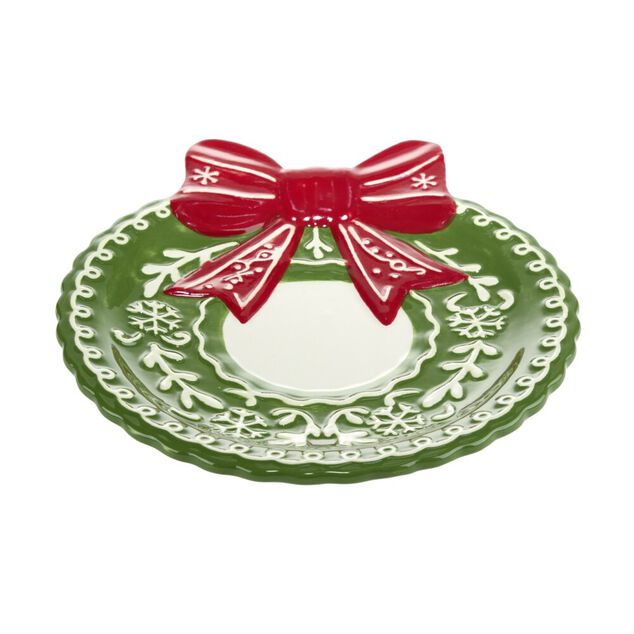 Assiette &agrave; dessert dolomite forme couronne de No&euml;l &Oslash;20XH2,5 cm vert et rouge