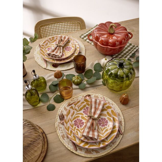 Assiette &agrave; dessert ronde Berthie c&eacute;ramique motif v&eacute;g&eacute;tal vert et blanc &Oslash;19,5cm