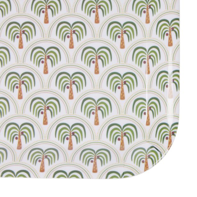 Plateau rectangulaire m&eacute;lamin&eacute; motif Indie palmier vert et gris 30x41,5cm
