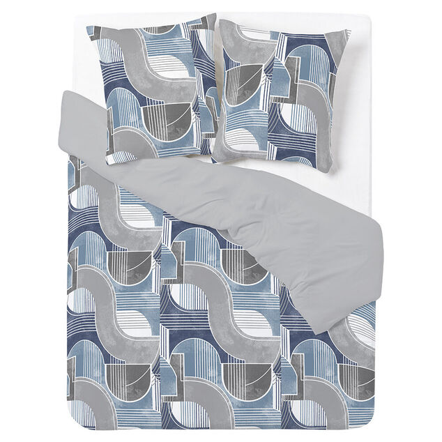 Parure de lit 2 personnes 240x220cm r&eacute;versible courbe g&eacute;om&eacute;trique bleu et gris
