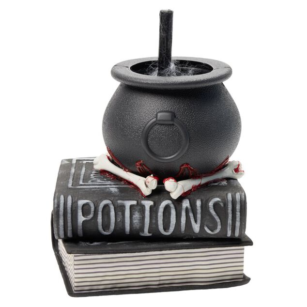 Livre potions chaudron de sorci&egrave;re sonore et anim&eacute; plastique noir 20x17xH28cm