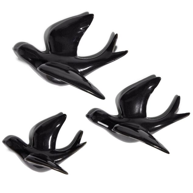 D&eacute;coration &agrave; poser 3 oiseaux en c&eacute;ramique noire