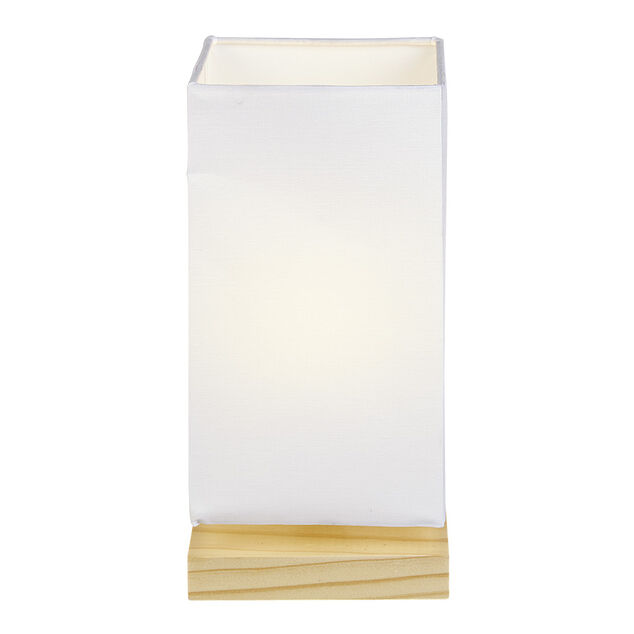 Lampe de chevet abat jour blanc sur base carr&eacute;e en pin naturel