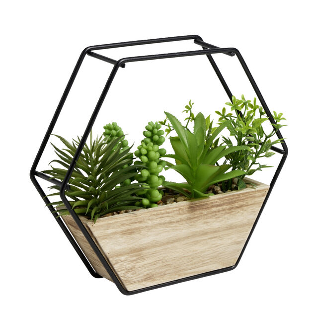 Pot hexagonal avec plantes vertes artificielles en bois et m&eacute;tal 20,5x5xH20,5cm