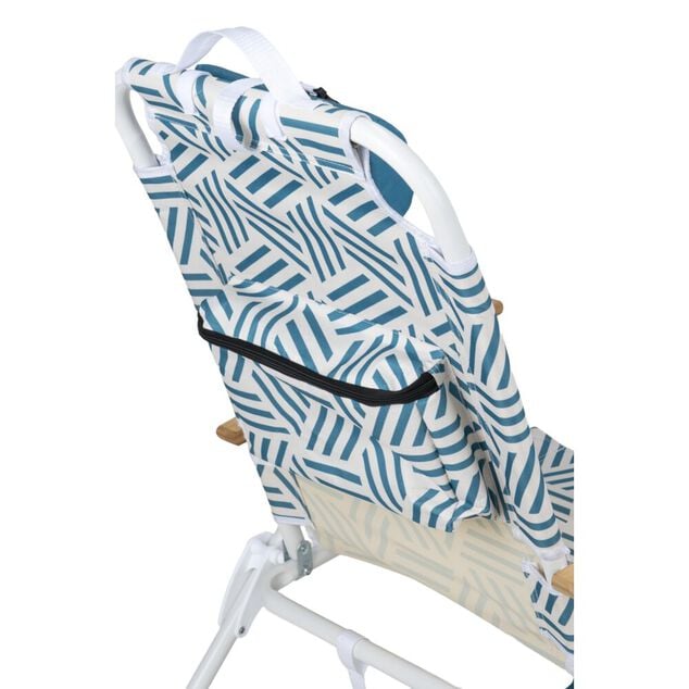 Chaise de plage pliante poign&eacute;es bambou poches lat&eacute;rales blanc et bleu 66x58xH81cm