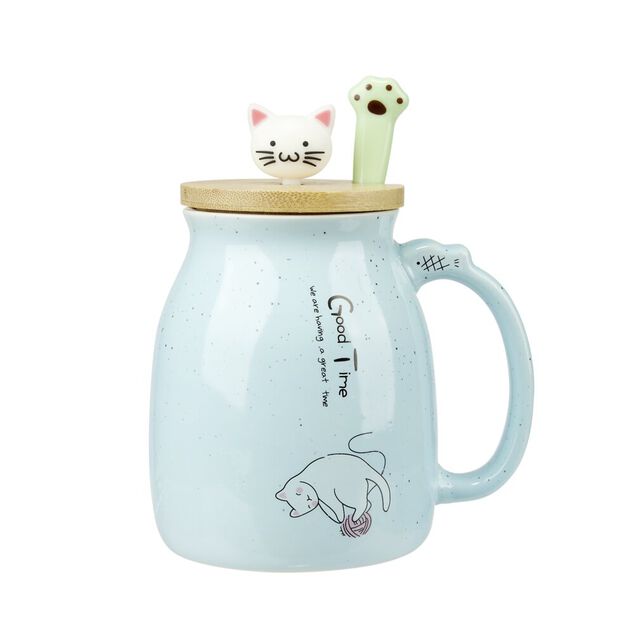 Tasse céramique motif chat kawaii avec couvercle bois et cuillère (3 modèles)