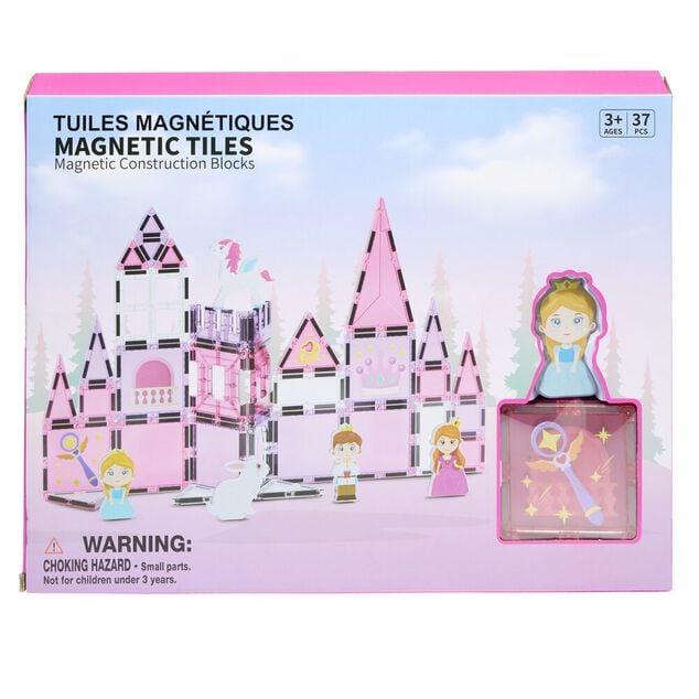 Jeu construction enfant fille tuiles magn&eacute;tiques x37 th&egrave;me princesse rose