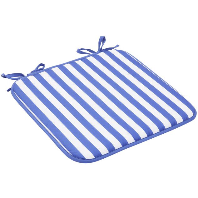 Galette de chaise carr&eacute;e rayures bayad&egrave;res blanches et bleues 40x40cm