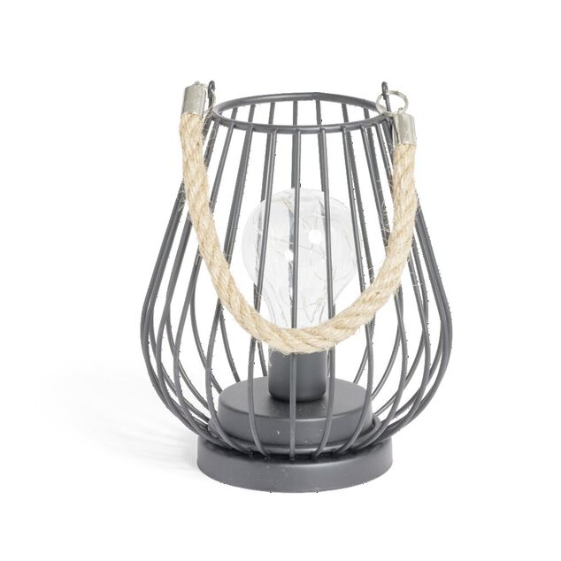 Lanterne LED ajour&eacute;e m&eacute;tal noir poign&eacute;e jute &Oslash;15xH18cm