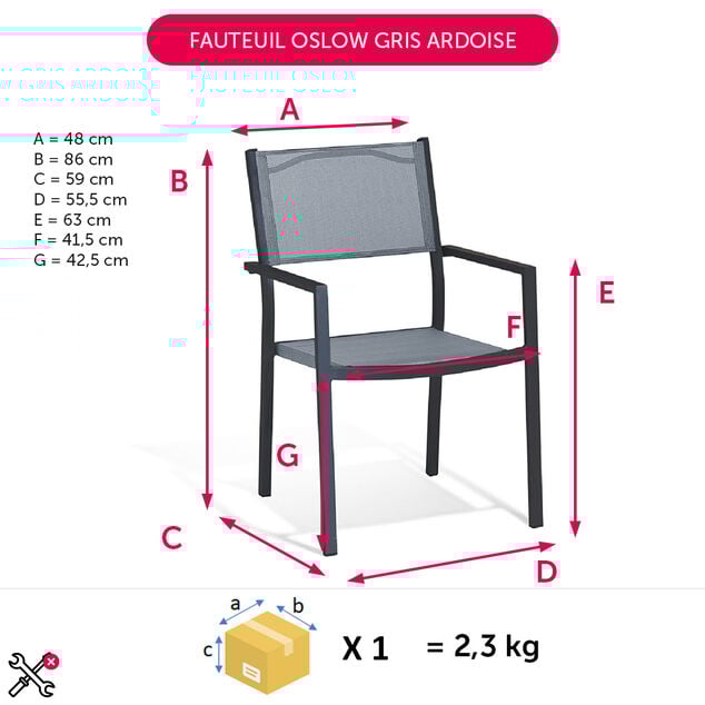 Fauteuil de jardin Oslow aluminium textil&egrave;ne gris 59x55,5xH.86 cm