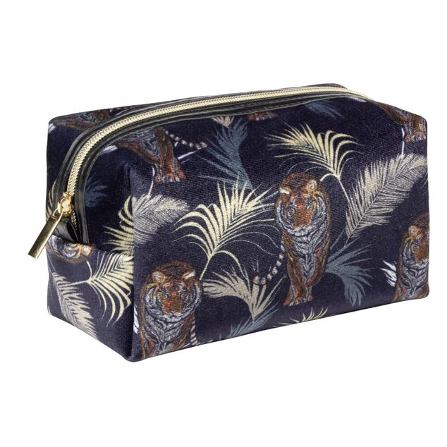 Trousse de toilette bleu marine motif exotique feuillages et tigres 12x10xH9cm