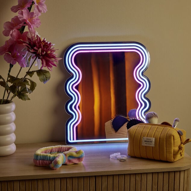 Miroir n&eacute;on forme vague bleu blanc rose 35x40cm