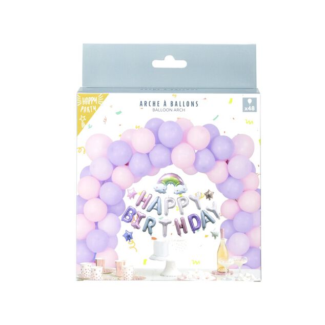 Kit arche &agrave; ballons alu et latex x48 Happy Birthday licorne tons rose et violet