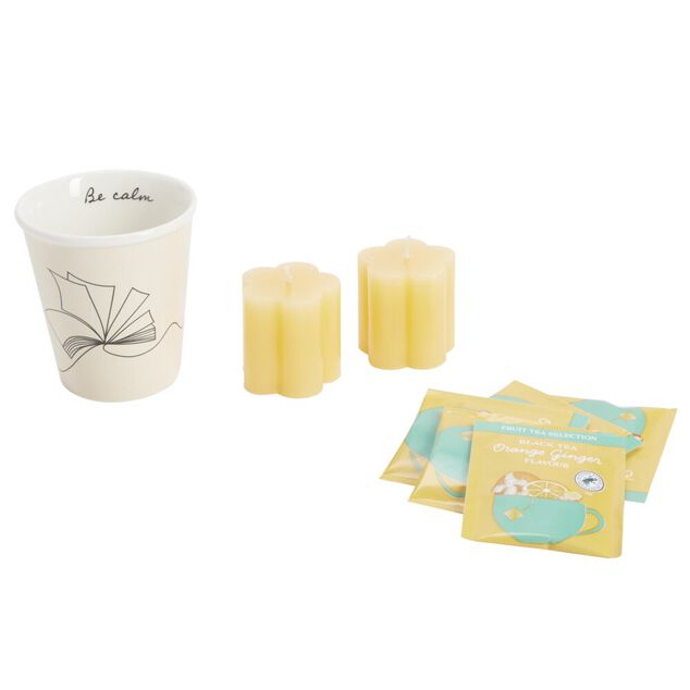 Coffret mug 330ml avec 3 sachets de thé et 2 bougies (3 modèles)