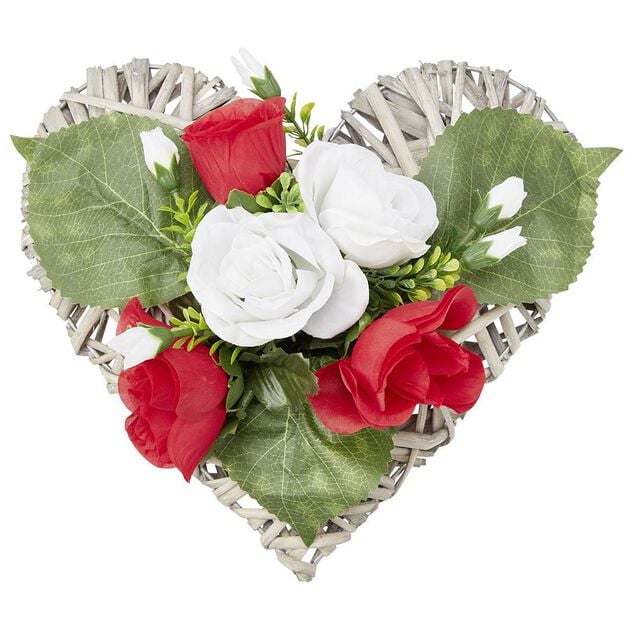 Coeur effet tress&eacute; fleur artificielle rose rouge et blanche 30x31xH16cm