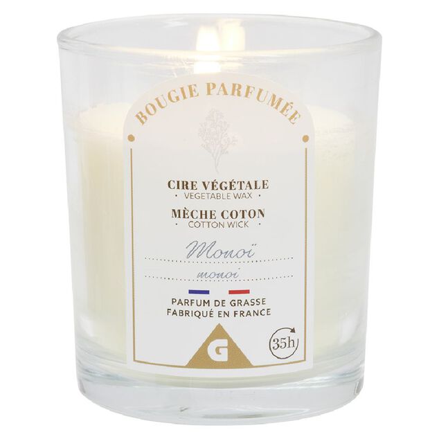 Bougie bleue dans verre senteur monoï Ø7xH8cm