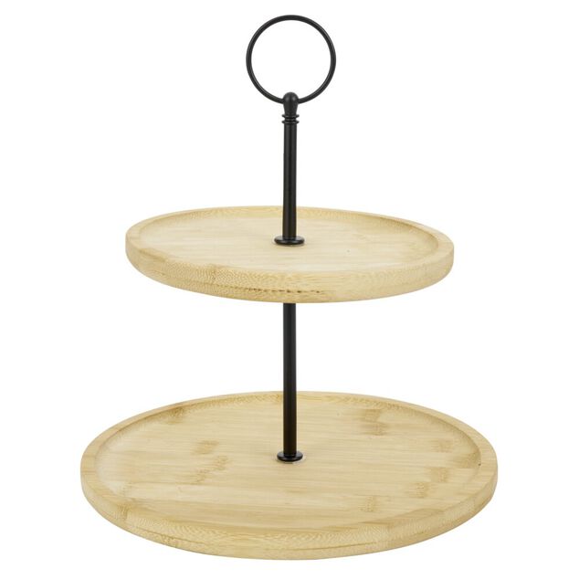Plateau de pr&eacute;sentation 2 niveaux en bambou et fer &Oslash;16,5xH21,5cm