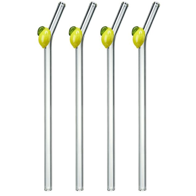 Pailles en verre transparent fantaisie fruit x4 avec goupillon (2 mod&egrave;les)