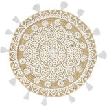 Tapis rond &agrave; franges jute naturel motif rosace blanc