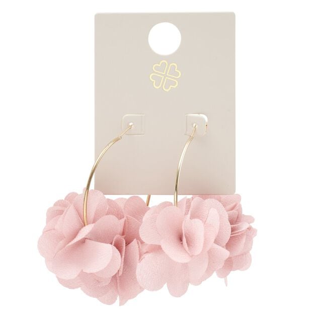 Cr&eacute;oles m&eacute;tal dor&eacute; avec fleur tissu rose &Oslash;3,5cm