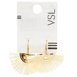 Boucles d'oreilles crochets &eacute;ventail pendant laiton dor&eacute; et raphia beige