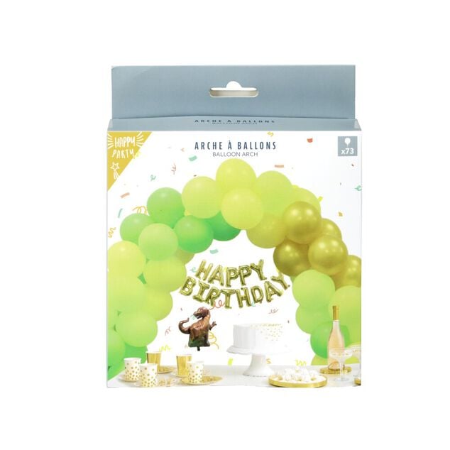 Kit arche &agrave; ballons alu et latex x73 Happy Birthday dinosaure tons verts