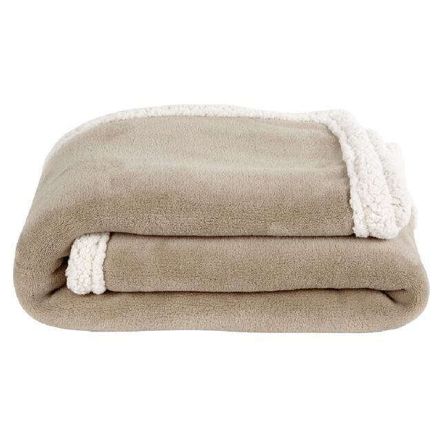 Plaid polaire r&eacute;versible imitation fourrure taupe et blanc