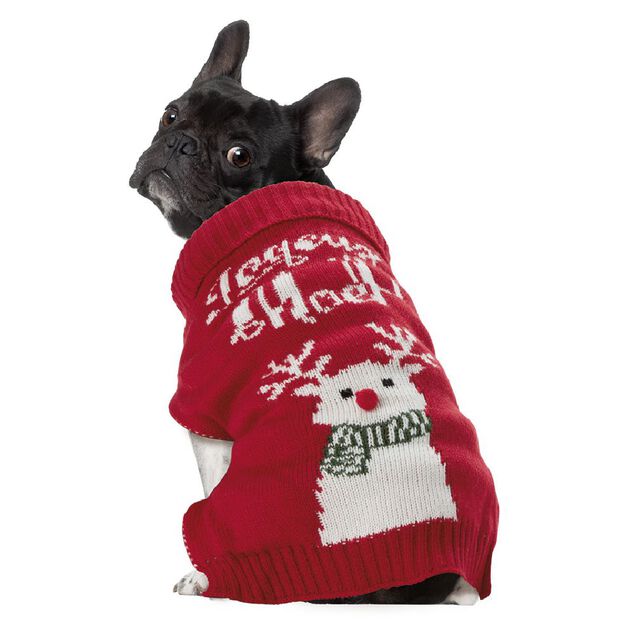Pull de No&euml;l pour chien motif renne rouge blanc taille M