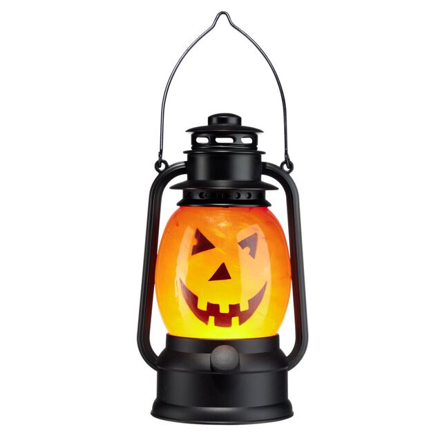 Lanterne LED Halloween t&ecirc;te citrouille orange et noire &Oslash;12xH20,5cm