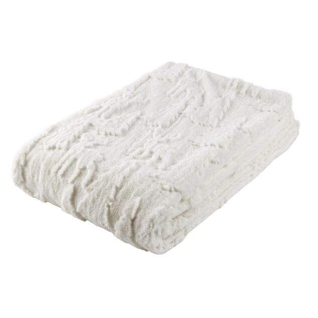 Plaid pilou tissu emboss&eacute; motif sapin polyester L160X130 cm blanc