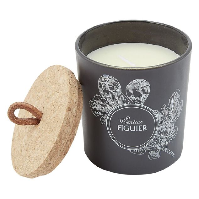 Bougie parfum&eacute;e dans pot en verre et couvercle en li&egrave;ge