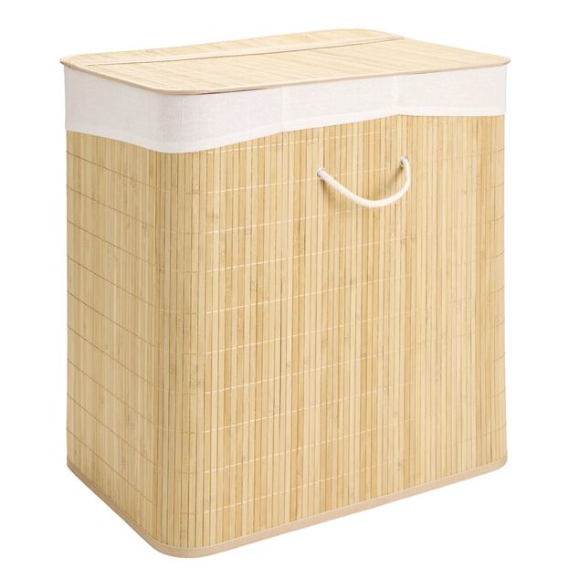 Coffre &agrave; linge 3 compartiments ext&eacute;rieur bambou doublure polyester beige 150L