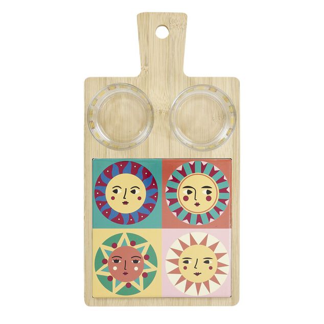 Planche de présentation apéritif bambou avec 2 ramequins 32x17x1cm